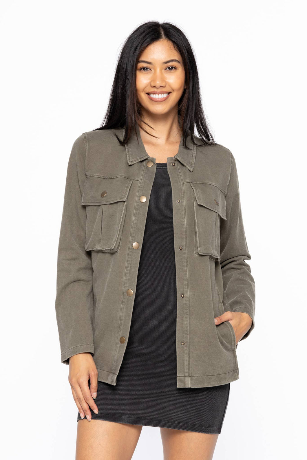 Cotton Blend Mineral Wash Shacket: OLIVE