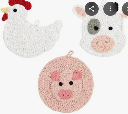 mud pie-farm crochet trivets (cow,pig,chicken)