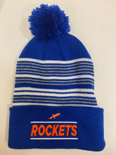 Load image into Gallery viewer, Rockets ~ Knit Stocking Cap Striped Blue Pom
